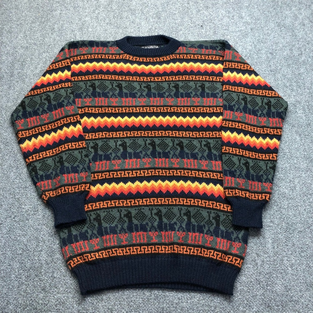 Gamboa Alpaca Wool Llama Pattern Knit Sweater Navy Green Orange Boho Crewneck